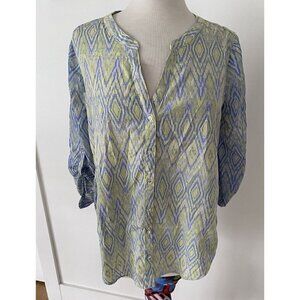Pants Store Women Green/Blue Patterned 3/4 Button Up Sleeve Blouse Size M